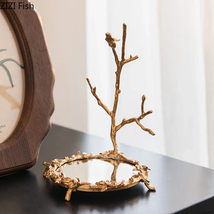 DecorBites™ Golden Glass Tray Branch Storage Cosmetics Organizer Jewelry Display Plate
