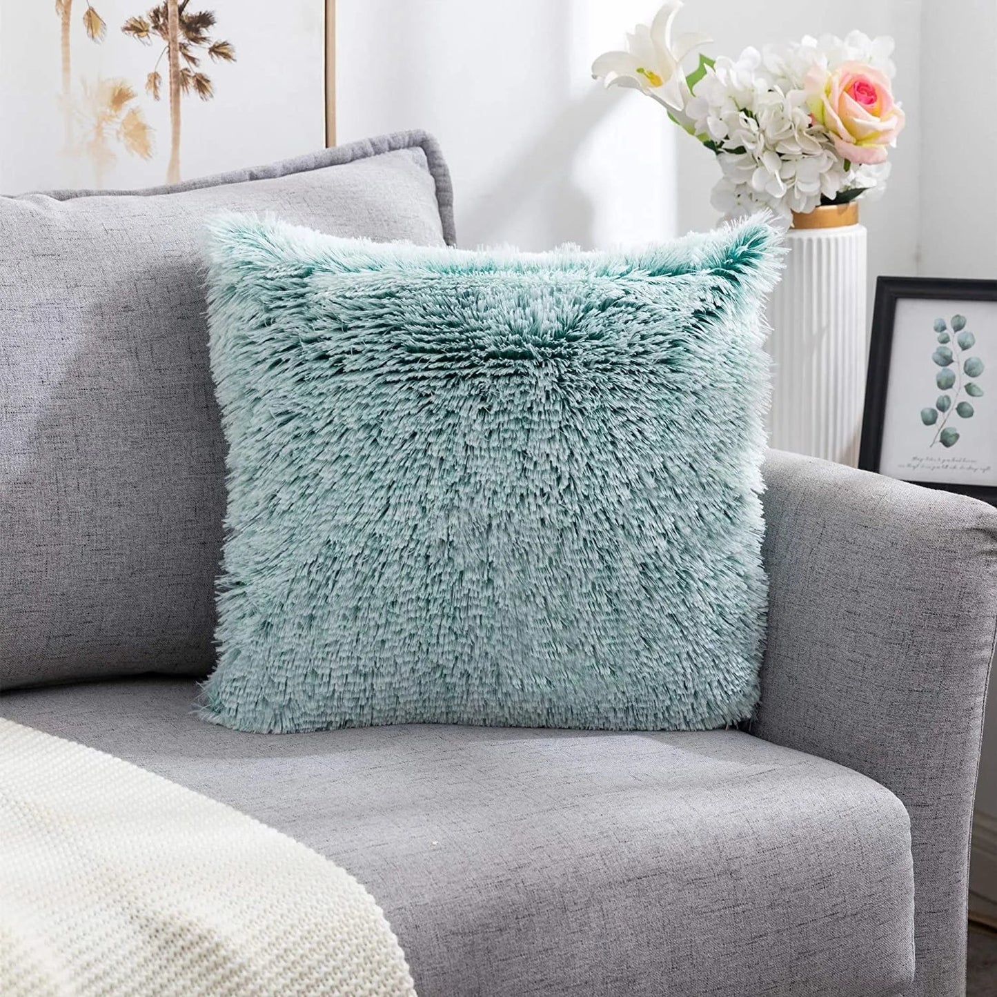 DecorBites™ Cozy Plush Fur Cushion Cover 43x43cm White Grey Sofa Decor Pillowcase