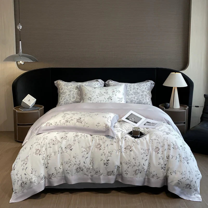 DecorBites™ Eucalyptus Fiber Flowers Bedding Set: Duvet Cover, Bed Sheet, Pillowcase - 4Pcs