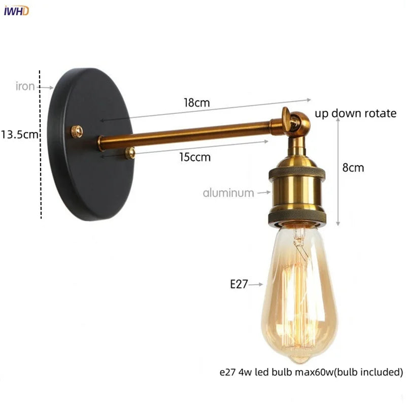 Gold Industrial Wall Lamp For Lofts And Bedrooms