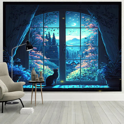 DecorBites™ Dreamy Window Cat Tapestry Landscape Wall Cloth for Bedroom & Living Room