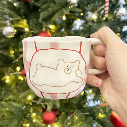 DecorBites™ Irregular Ceramic Bear Mug: Handcrafted Coffee Cup for Office and Couples