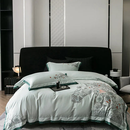 DecorBites™ Cotton Flowers Horse Embroidery Luxury Bedding Set - Duvet Cover, Bed Sheet, Pillowcases