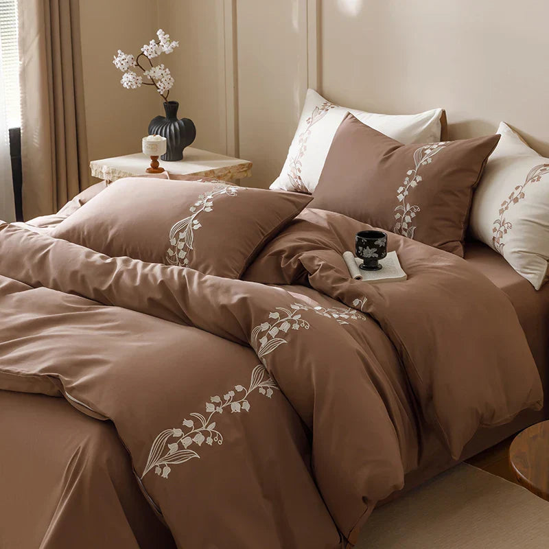 DecorBites™ Elegant Lily of the Valley Embroidery Brown Cotton Bedding Set