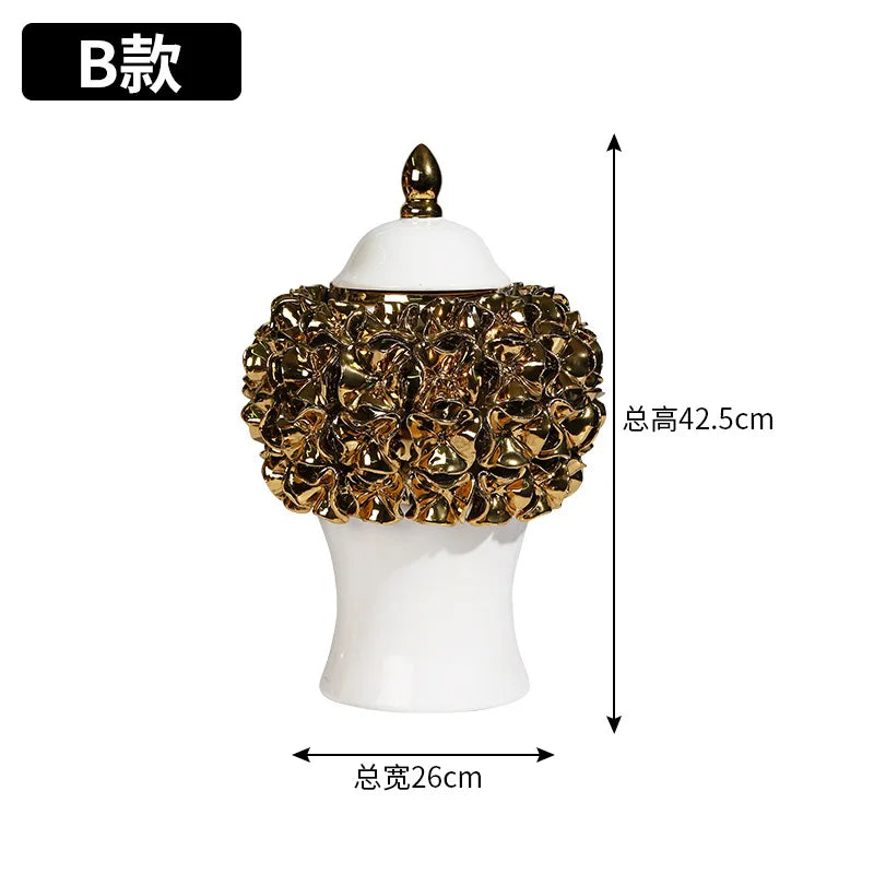 Gold Ceramic Ginger Jar With Relief Flower Design