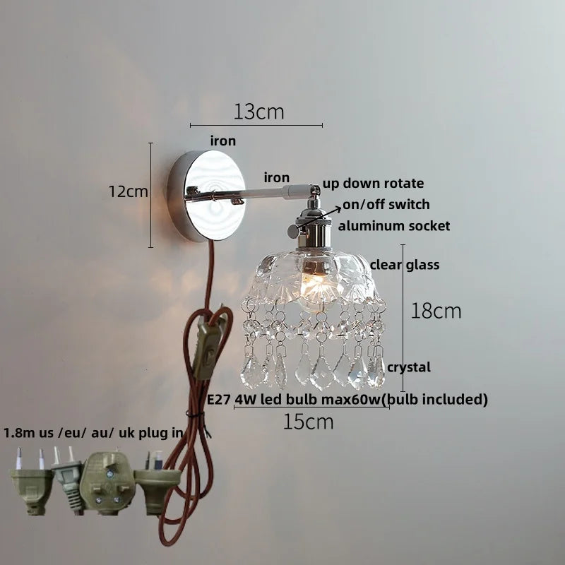 DecorBites™ Crystal Iron LED Wall Light Modern Bedside Lamp Clear Glass Wandlamp
