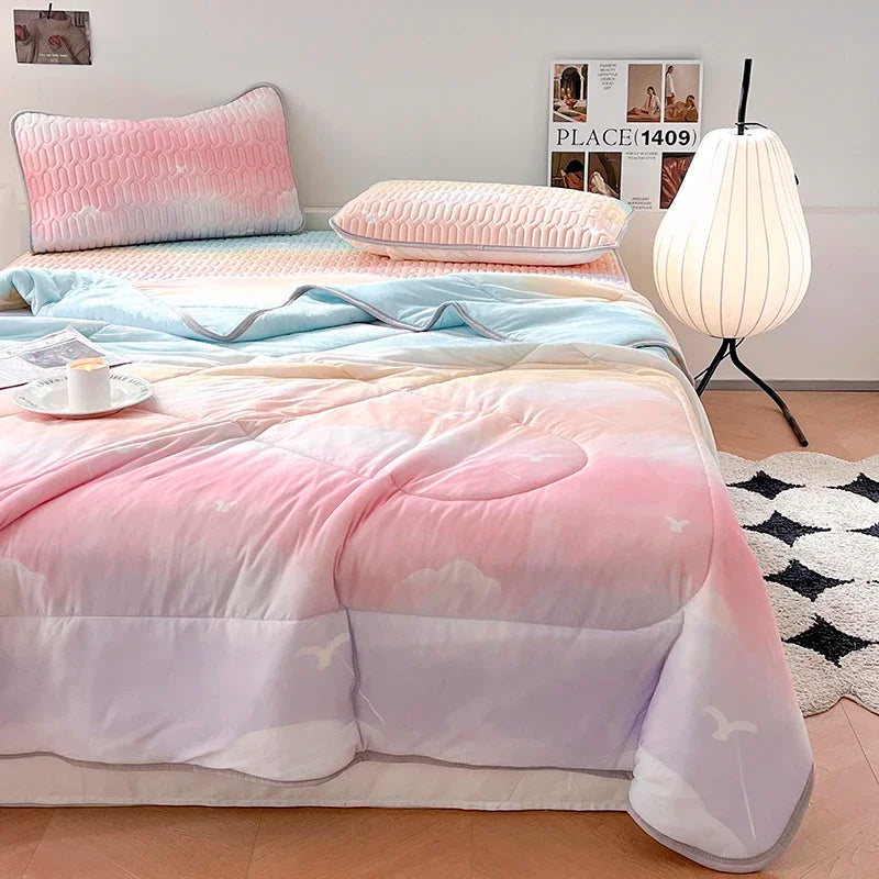 DecorBites™ Double-Sided Cool Comforter Set: Ice Silk Duvet, Fitted Sheet, Pillowcase