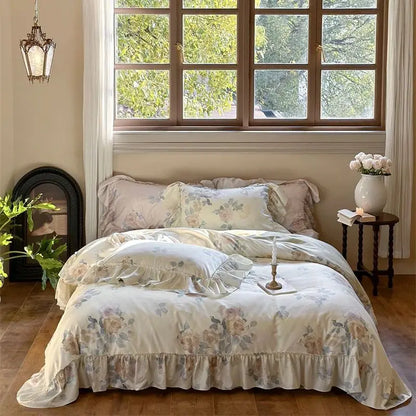 DecorBites™ French Rose Flowers Print Bedding Set, Elegant Ruffles Princess Collection