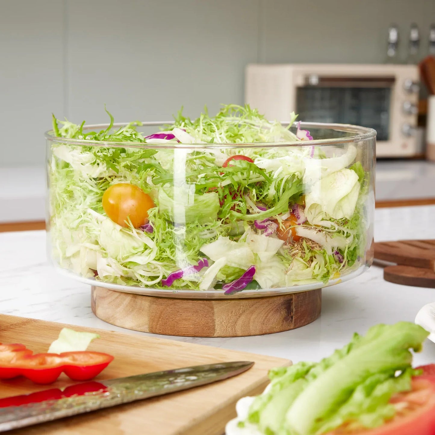 DecorBites™ Creative Glass Fruit Bowl with Wood Base - Large Salad Bowl for Snacks, Popcorn, Nuts, and More