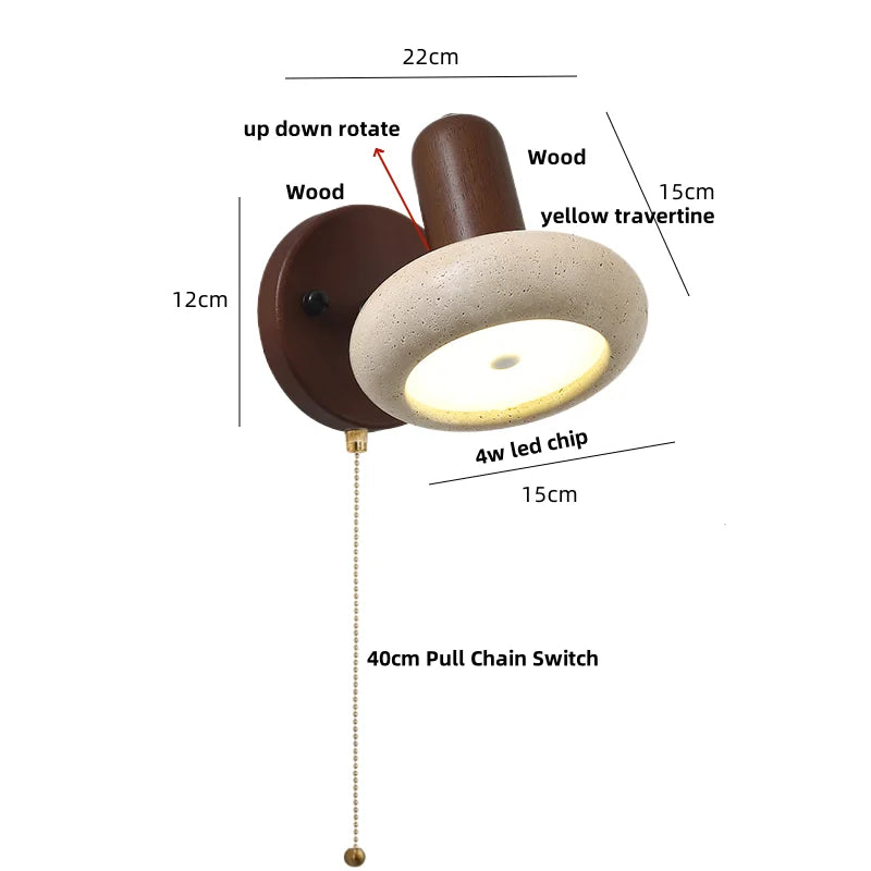 DecorBites™ LED Wall Sconce Iron Rotate Kitchen Bedroom Hallway Yellow Travertine Wood Mirror Light