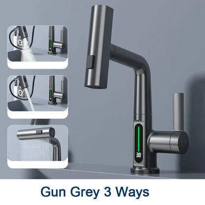 DecorBites™ Digital Display Basin Faucet with 3-Way Nozzle: Pull Out, Rainfall Stream, Hot Cold Mixer