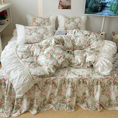 DecorBites™ Korean Princess Flowers Bedding Set - Duvet Cover, Bed Skirt, Pillowcases