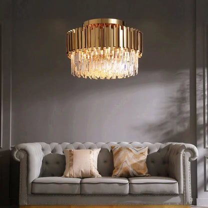 DecorBites™ Gold Crystal Ceiling Lamp: Modern LED Lighting Fixtures for Luxurious Living Rooms.