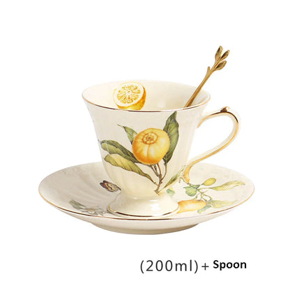DecorBites™ Gold Edge Cup & Saucer Set: Lemon Teapot, Coffee Mug, Ceramic Plates & Drinkware