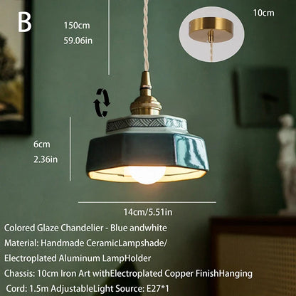 Japanese Retro Ceramic Pendant Light in Red or Blue
