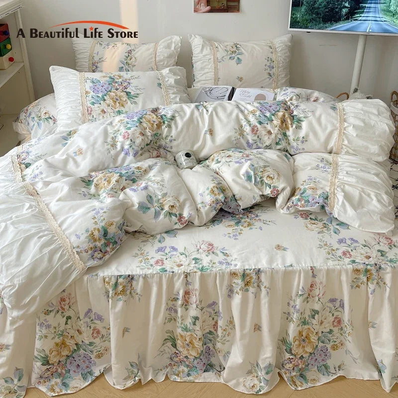 DecorBites™ Korean Princess Flowers Bedding Set - Duvet Cover, Bed Skirt, Pillowcases