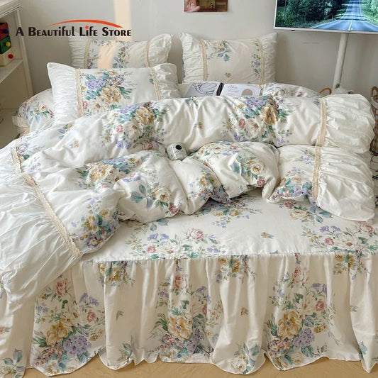 DecorBites™ Korean Princess Flowers Bedding Set - Duvet Cover, Bed Skirt, Pillowcases