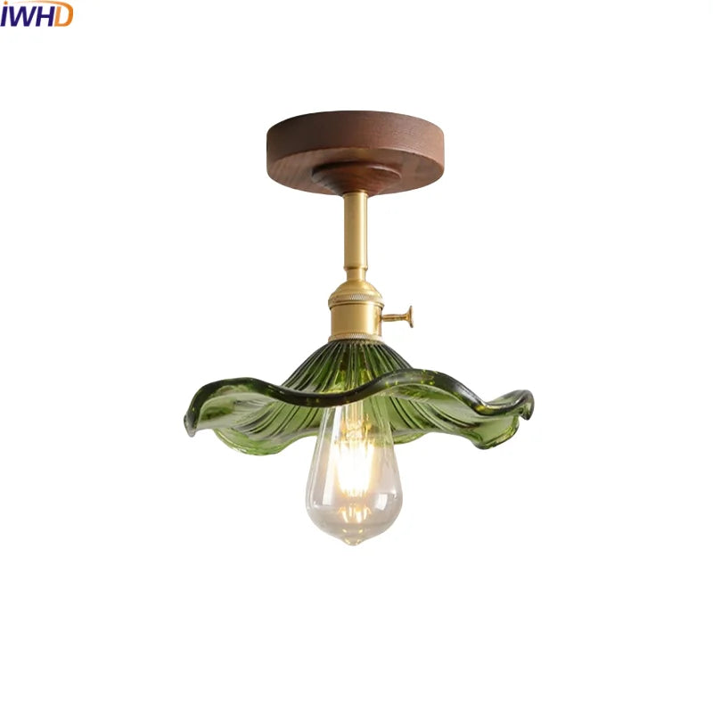 Green Glass Ceiling Lamp Copper Wood Accent