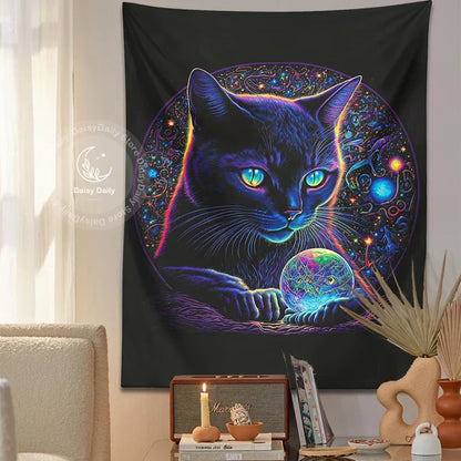 DecorBites™ Black Cat Tapestry: Trippy Magic Crystal Ball Wall Art for Boho Home Decor