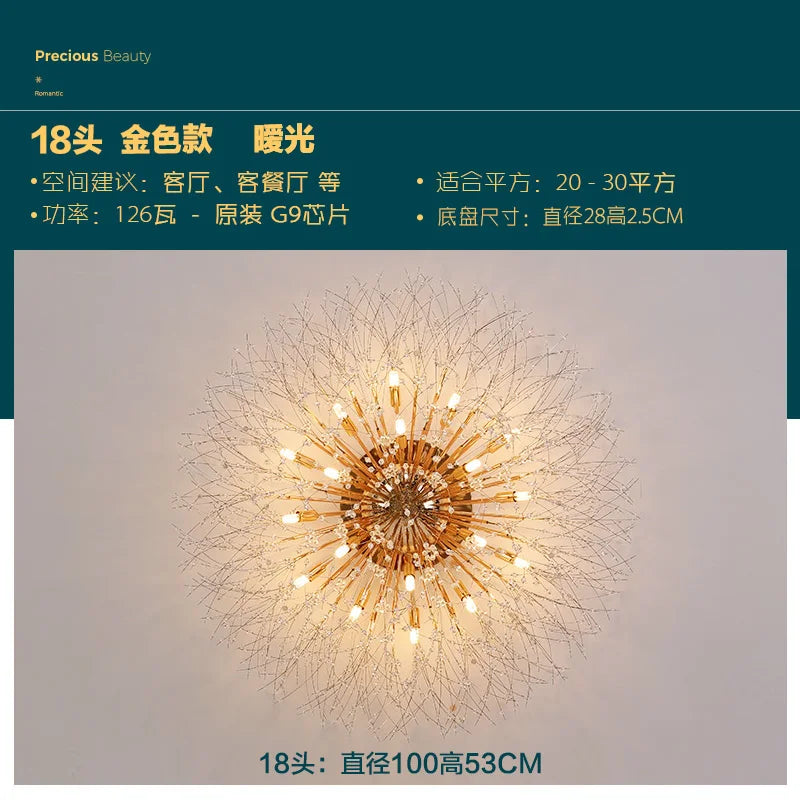 Gold Dandelion Crystal Chandelier 8-Head Nordic