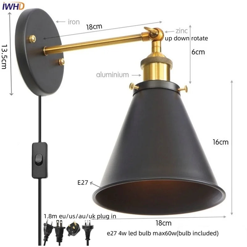 Gold Industrial Wall Lamp For Lofts And Bedrooms