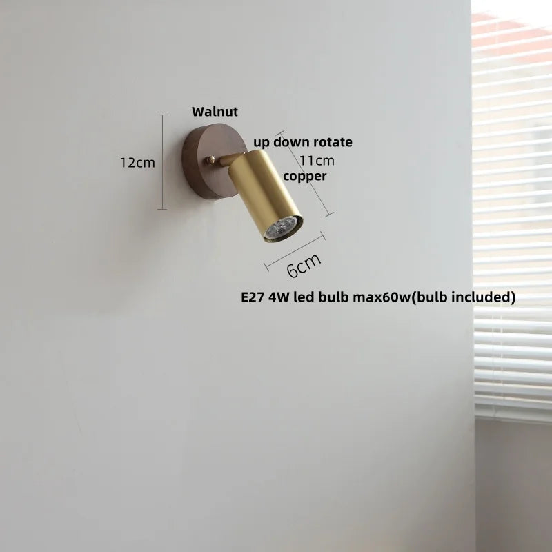 DecorBites™ Copper Lampshade LED Wall Sconce Pull Chain Switch Nordic Modern Walnut Wood Mirror Light