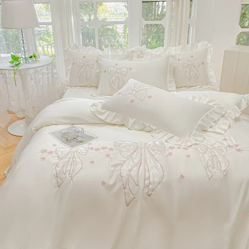DecorBites™ Ice Silk Embroidered Ruffles Duvet Set with Cool & Skin-Friendly Feel