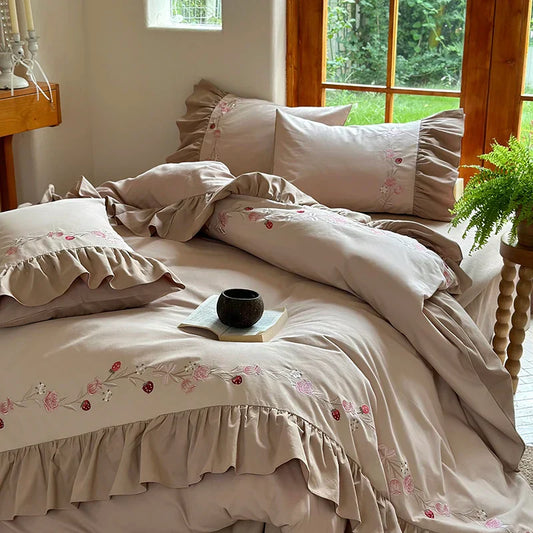 DecorBites™ Korean Princess Style Embroidered Bedding Set with Pleated Ruffles in Egyptian Cotton