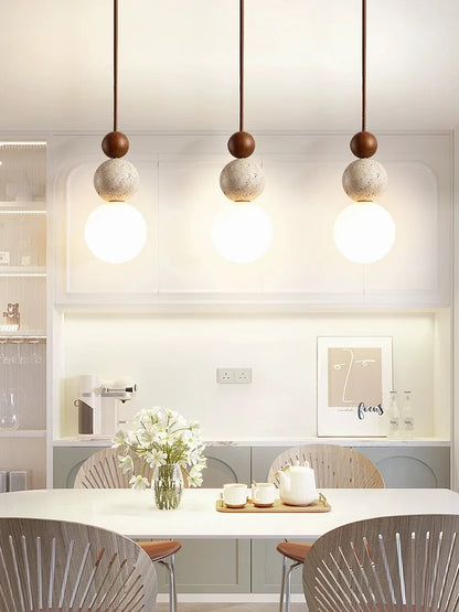 DecorBites™ Cream Style LED Pendant Lamp for Bedroom, Stone Wood Design
