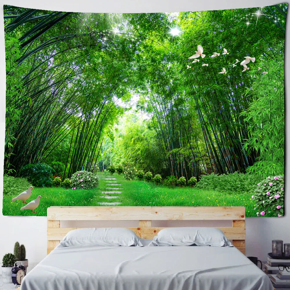 DecorBites™ Bamboo Forest Pigeon Path Tapestry: Hippie Psychedelic Wall Hanging for Natural Home Decor