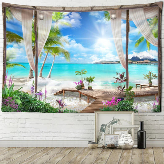 DecorBites™ Coconut Forest Sea View Tapestry Wall Hanging - Aesthetic Home Decor