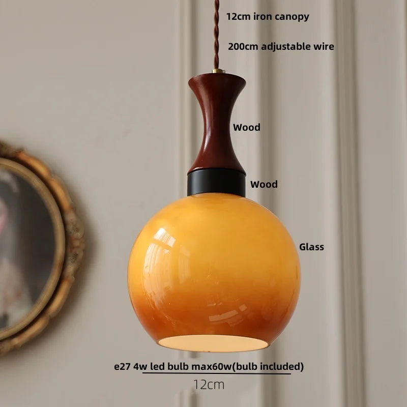 DecorBites™ Amber LED Pendant Light Fixture Wood Glass Loft Adjustable Hang Lamp