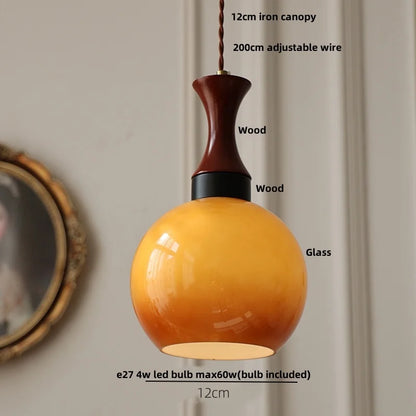 DecorBites™ Amber LED Pendant Light Fixture Wood Glass Loft Adjustable Hang Lamp