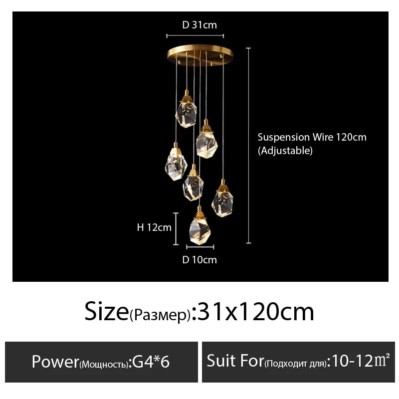 DecorBites™ Diamond Crystal Chandelier Staircase LED Golden Chandeliers Lighting for Luxurious Home Décor