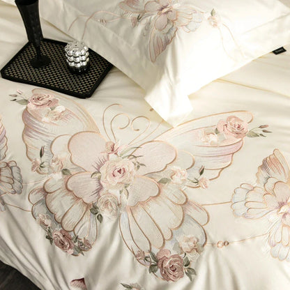 DecorBites™ Luxe Butterfly Flowers Embroidery Bedding Set 800TC Egyptian Cotton Duvet Covers Sheets Pillowcases