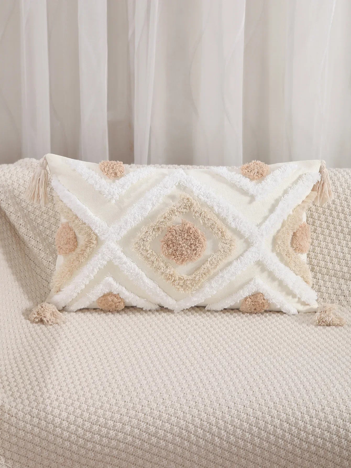 DecorBites™ Geometric Tufted Embroidery Flowers Boho Cushion Cover with Tassel