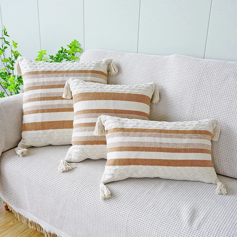 DecorBites™ Ivory Brown Coffee Black Stripe Pillow Case with Tassels 45x45cm 30x50cm 50x50cm
