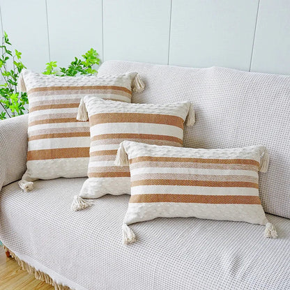 DecorBites™ Ivory Brown Coffee Black Stripe Pillow Case with Tassels 45x45cm 30x50cm 50x50cm