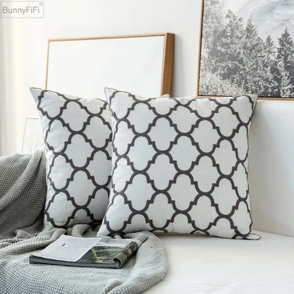 DecorBites™ Geometric Embroidered Cushion Cover in Grey Canvas Cotton 45x45cm