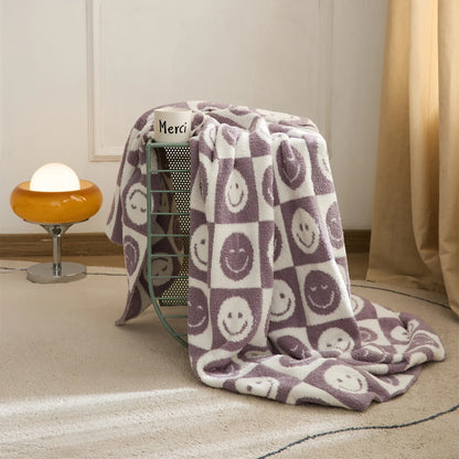 DecorBites™ Knitted Checkboard Smile Face Design Fluffy Blanket - Spring Violet Pink Gray Blanket