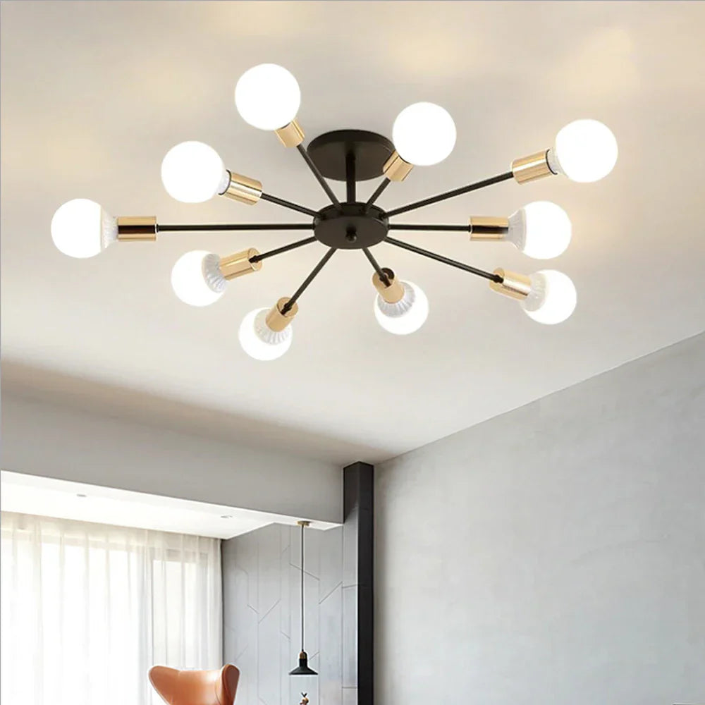 DecorBites™ Industrial Rod Iron Wood Sputnik Chandelier Ceiling Lamp LED E27 Home Lighting