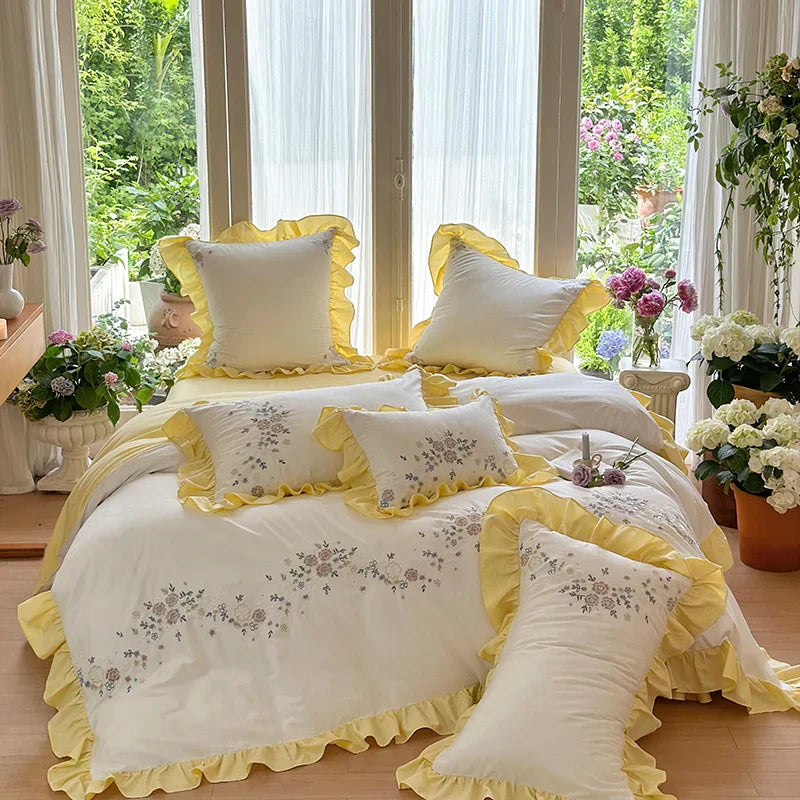 Embroidered Cotton Bedding Set Lace Ruffle King