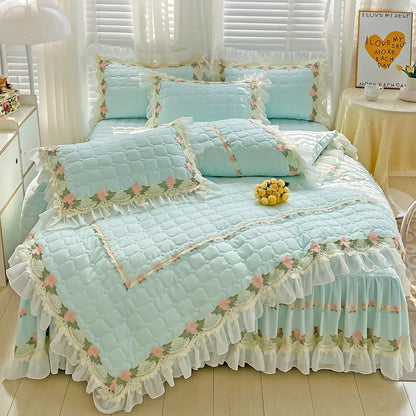 DecorBites™ Korean Princess Bedding Set: Flowers, Lace, Ruffles, Embroidery, Quilted, Duvet Cover, Bedspread