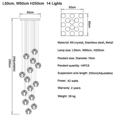 DecorBites™ Crystal Ball LED Chandelier Pendant Light for Living Room Kitchen Stair Salon