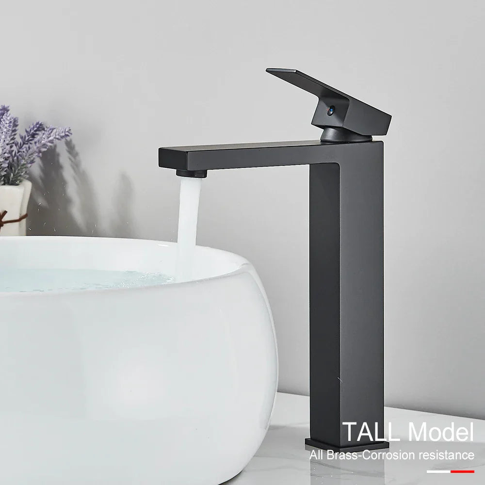 DecorBites™ Black Brass Square Basin Faucet: Bathroom Washbasin Mixer Tap, Single Handle Tall Model.