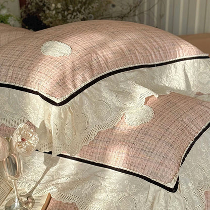 DecorBites™ French Lace Ruffles Lattice Bedding Set 1000TC Egyptian Cotton Duvet Cover Sheets Pillows