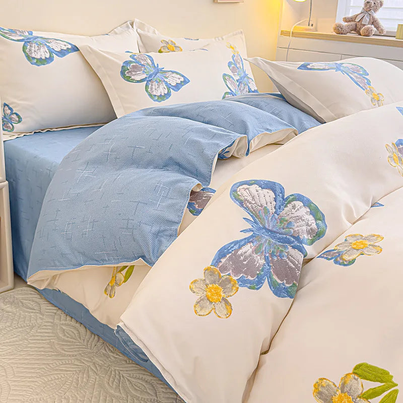 DecorBites™ Cozy Flower Print Bedding Set: Brushed Cotton, Skin-Friendly, Soft, Thick, 4Pcs