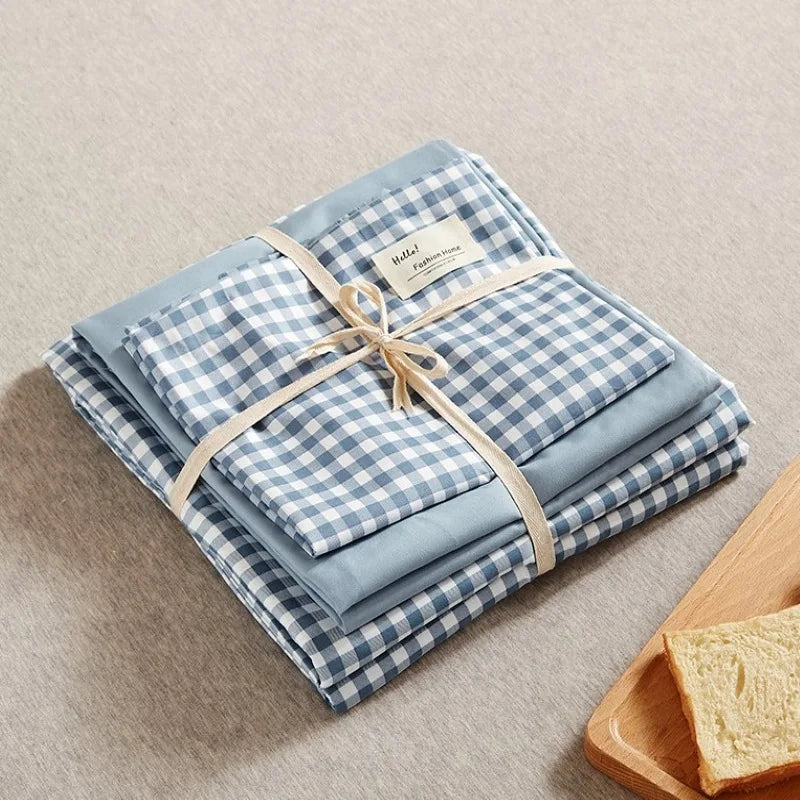 DecorBites™ Japanese Grid Printed Cotton Bedding Set in Queen/King for Cozy Sleep