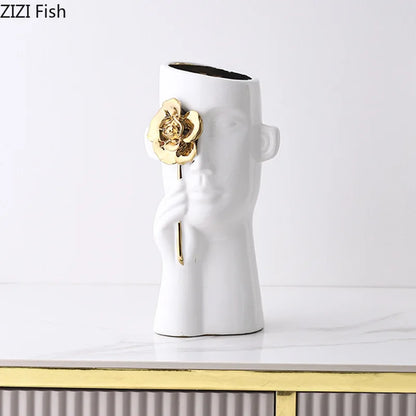 DecorBites™ Gold Rose Relief Ceramic Vase, Elegant Desk Floral Vase for Room Decor