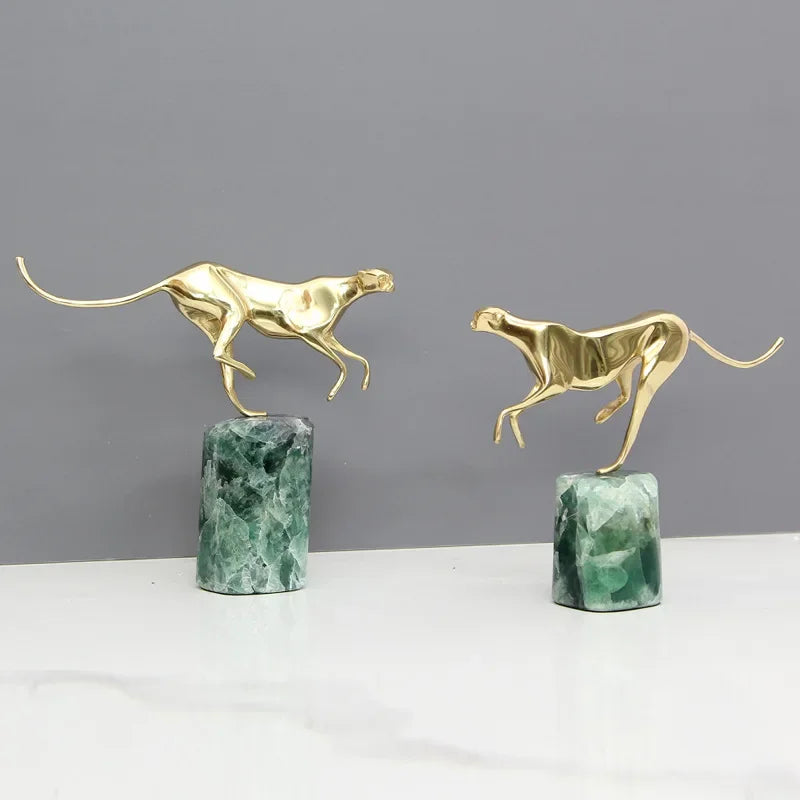 DecorBites™ Golden Leopard Brass Cheetah Figurine Green Marble Base Metal DecorAccessory